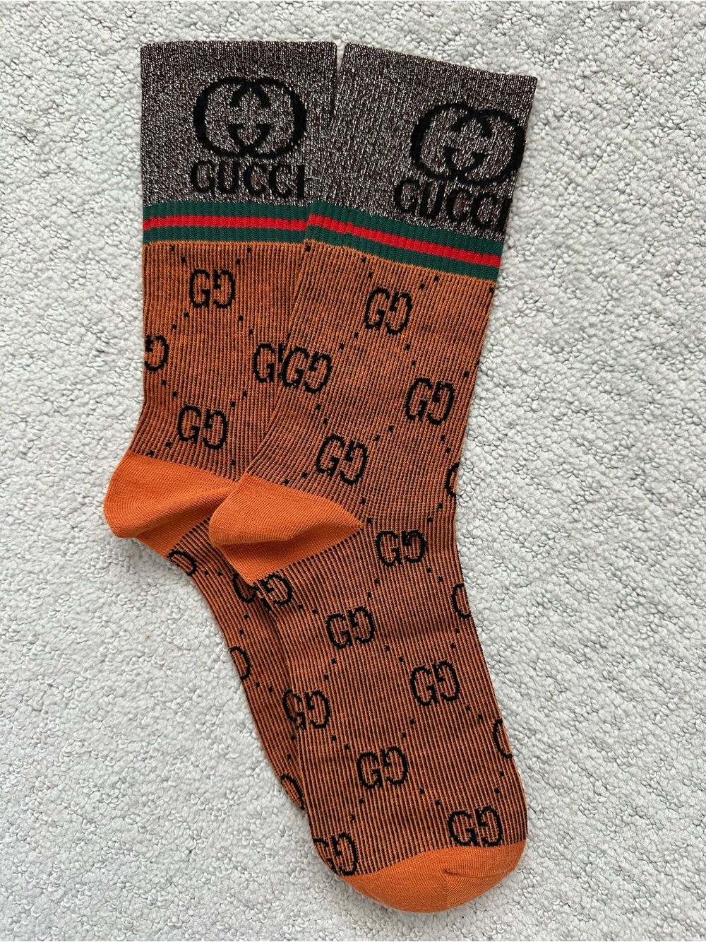 Gucci Orange GG Pattern Crew Socks with Green and Red Stripe